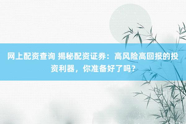 网上配资查询 揭秘配资证券：高风险高回报的投资利器，你准备好了吗？